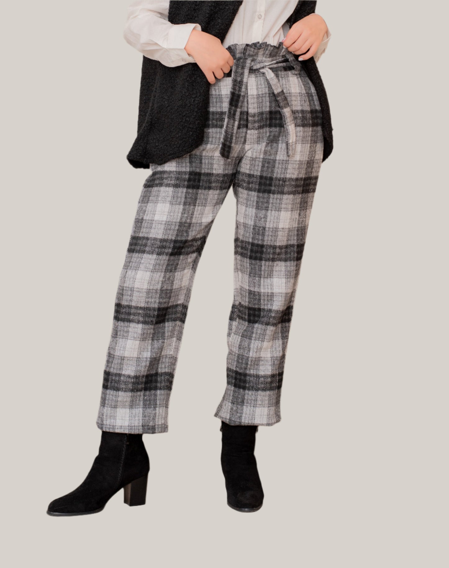 AURA High Waist Elastic Belted Checked Pants