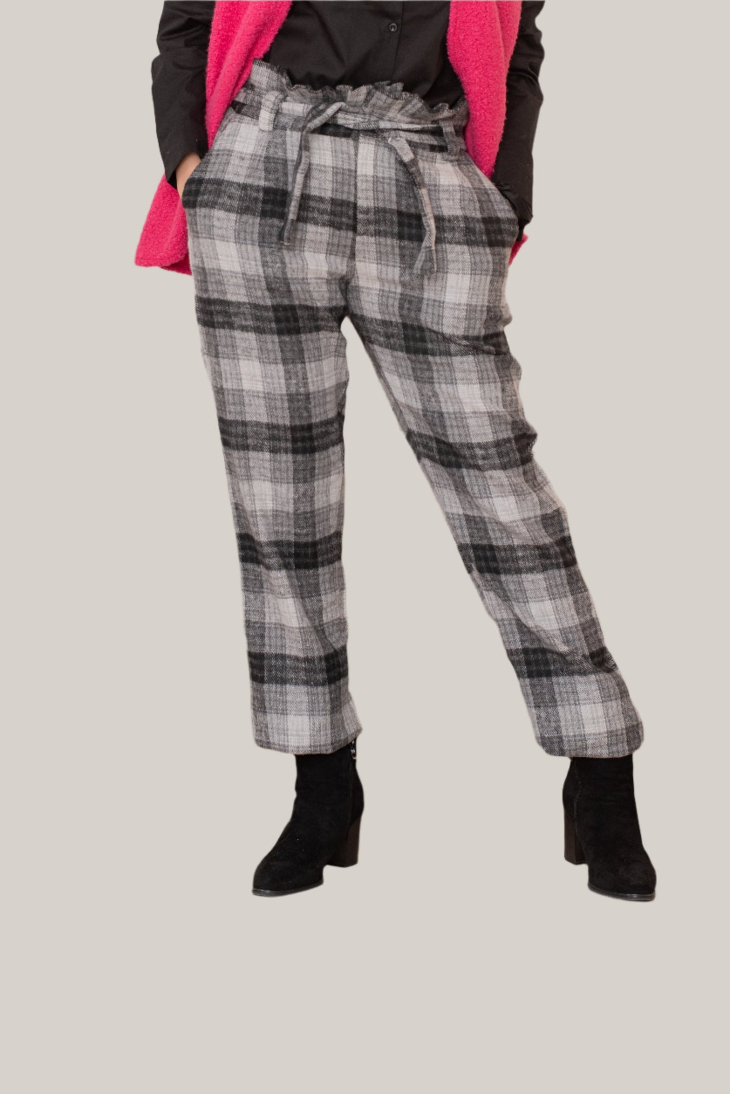 AURA High Waist Elastic Belted Checked Pants